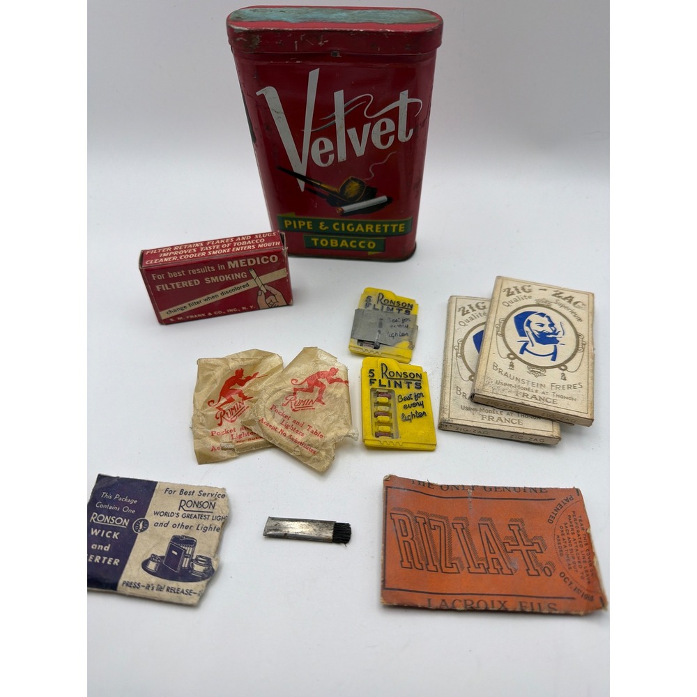 Vintage Velvet Tobacco Tin Lot Zig-Zag Rizla Rolling Papers Ronson Flints Medico